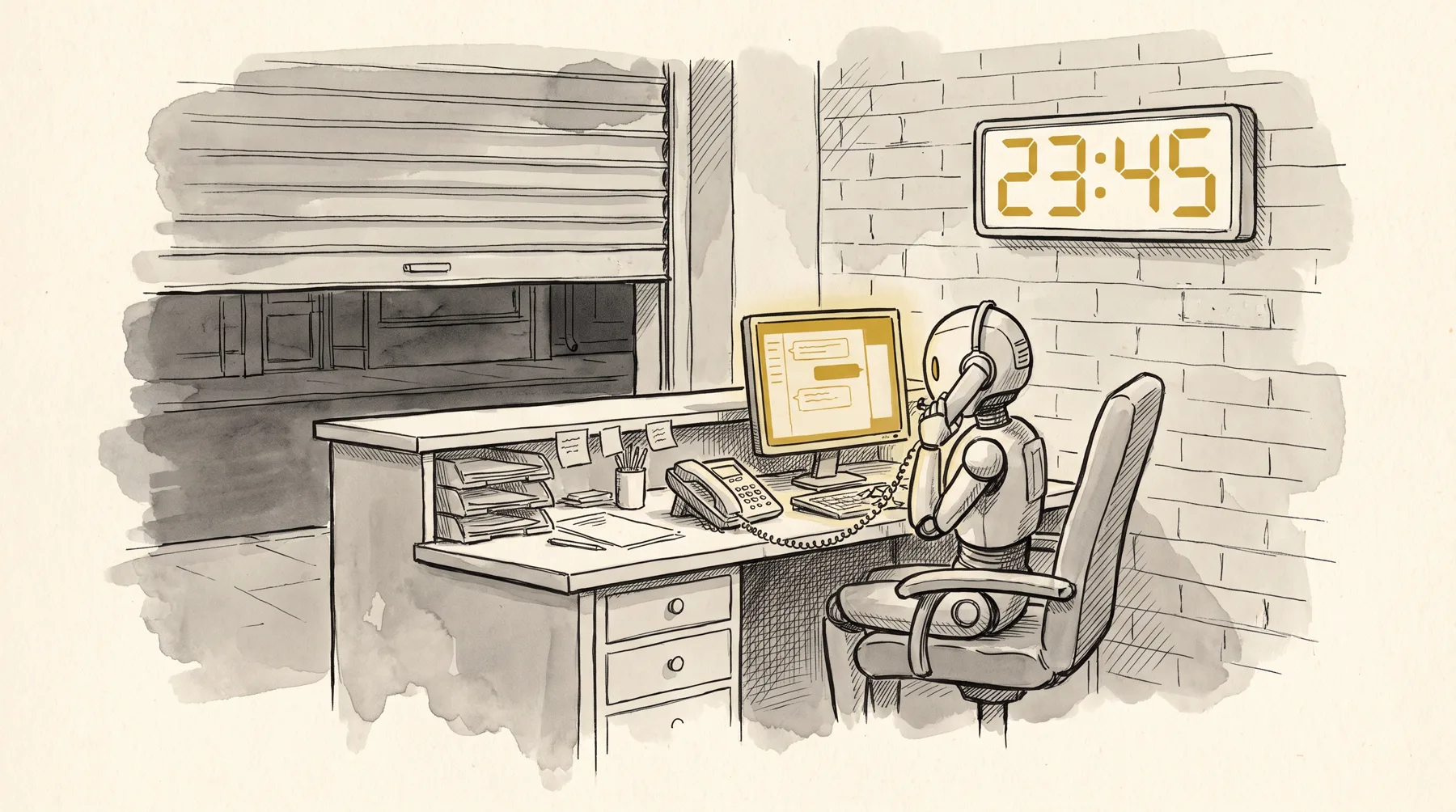 A reception desk at night: the staff chair empty, an assistant still working the phone and screen.