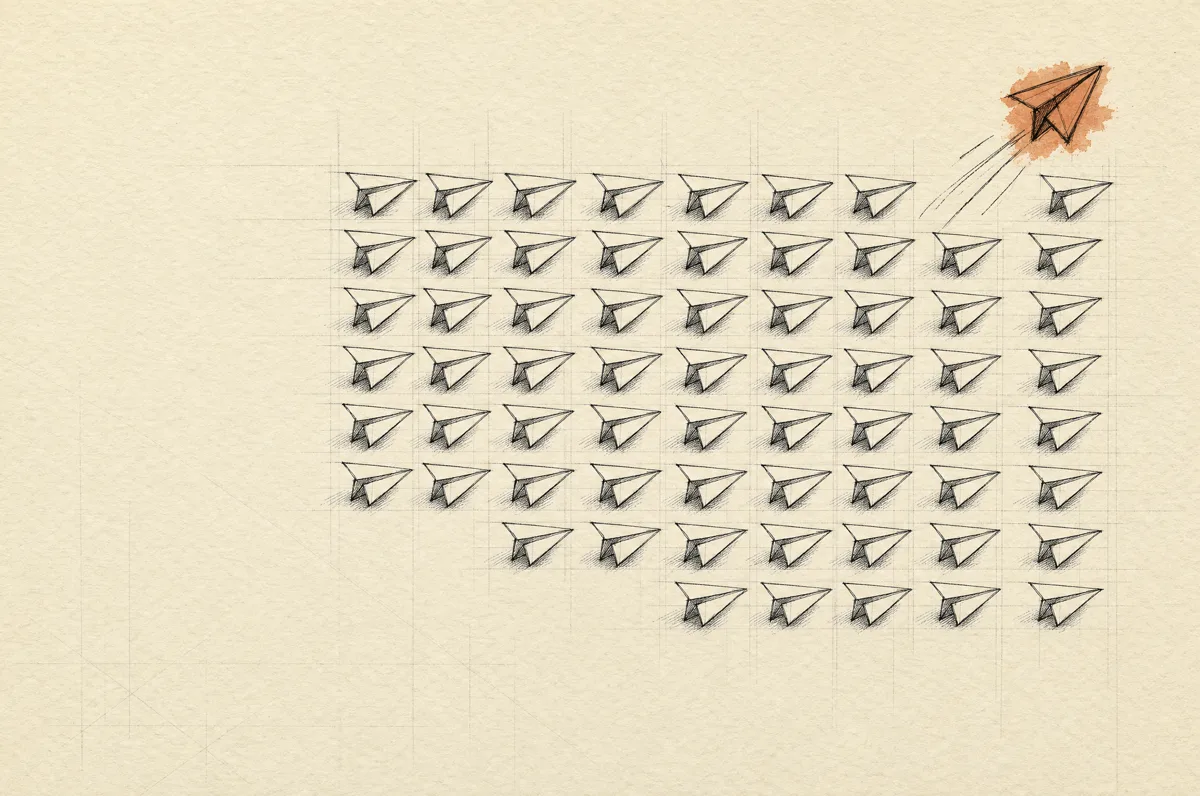 Sketch: a formation of identical paper planes; one plane breaks away on its own confident path.