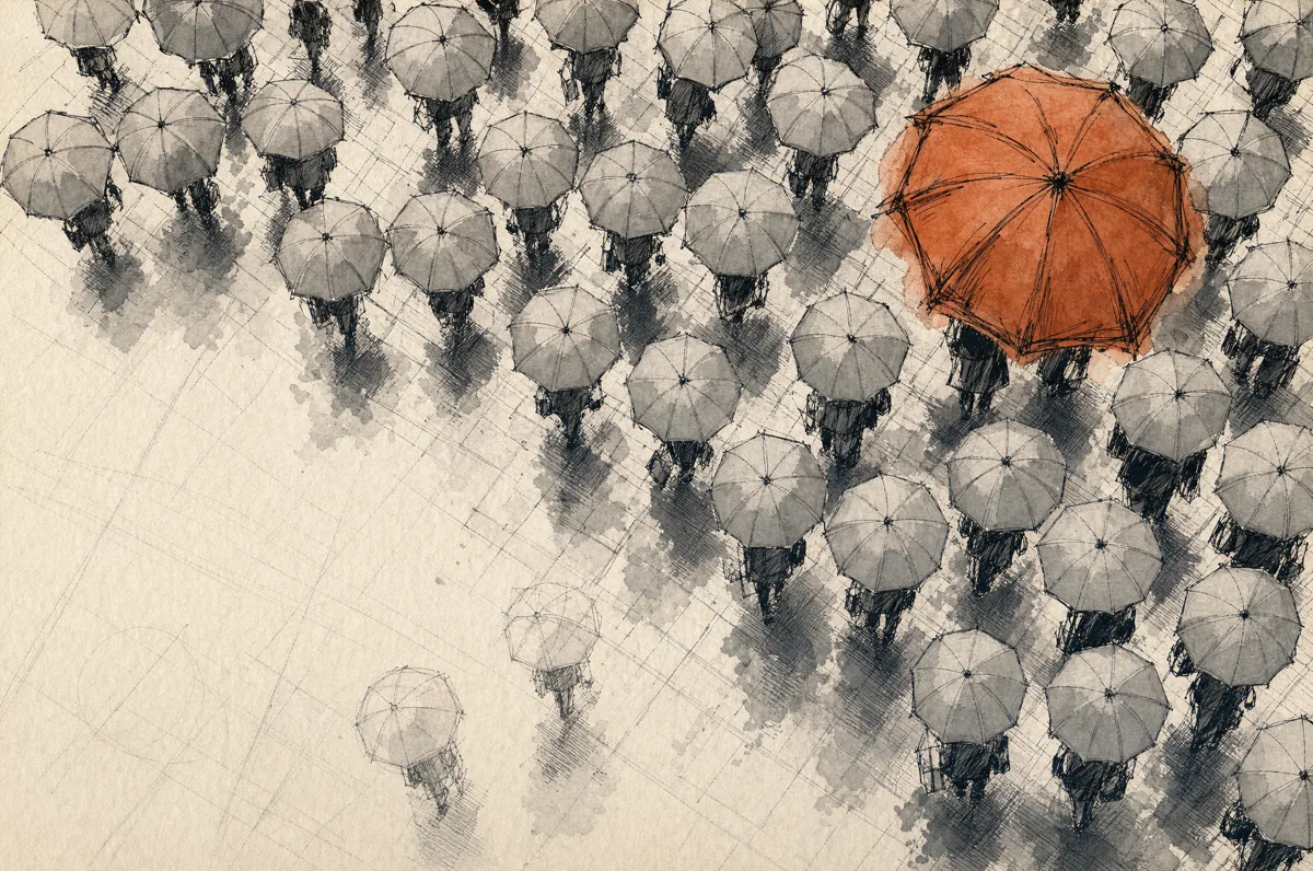 Sketch: a crowd of identical grey umbrellas, one warm yellow umbrella standing out among them.